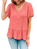 Front view of model waring coral pink V-neckline buttons loose peplum top