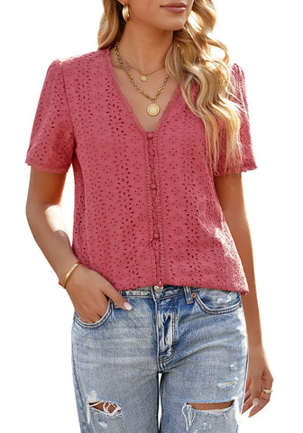 Women's Casual Summer Lace Tops V Neck Short Sleeve Blouses Shirts