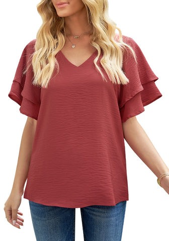 Red Casual V-Neck Short Ruffle Sleeves Cut-Out Back Top