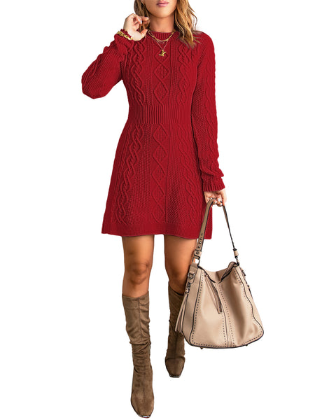 Red Women Casual A-line Knit Long Sleeve Pullover Sweater Short Dress.