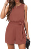 Model wearing dark coral sash belt keyhole-back sleeveless romper