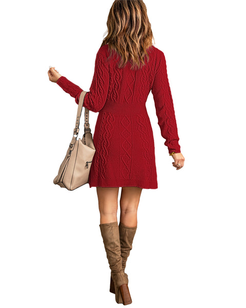Red Women Casual A-line Knit Long Sleeve Pullover Sweater Short Dress.