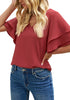 Angled view of wearing Dark Blush Layered Flutter Sleeves Wide V-Neck Top