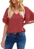 Frontal view of model wearing Dark Blush Layered Flutter Sleeves Wide V-Neck Top