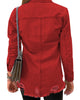 Red Frayed Hem Distressed Button-Down Denim Jacket
