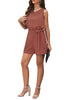 Full front view of model wearing dark coral sash belt keyhole-back sleeveless romper