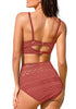 Back view of model wearing dark coral pink lace crochet V-neckline high waist bikini set