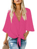 Hot Pink Women's V Neck Button Down Shirts 3/4 Bell Sleeve Tie Knot Blouse