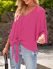 Hot Pink Women's V Neck Button Down Shirts 3/4 Bell Sleeve Tie Knot Blouse