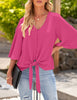 Hot Pink Women's V Neck Button Down Shirts 3/4 Bell Sleeve Tie Knot Blouse