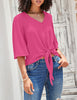 Women's V Neck Button Down Shirts 3/4 Bell Sleeve Tie Knot Blouse