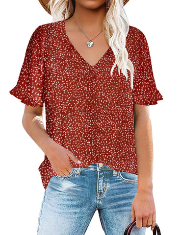 Rust Red Ruffle Trim Short Sleeves Printed V-Neck Button-Down Top