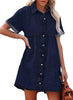 Twilight Blue Women's Short Sleeve Button Down Flowy Tiered Babydoll Denim Dress