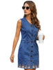 Women Sleeveless V Neck Button Down Frayed Hem Short Denim Dress