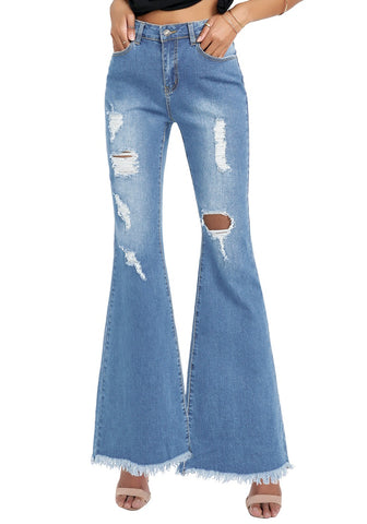 Blue Ripped Mid-Waist Flared Denim Jeans