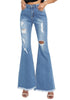 Frontal view of model wearing Blue Ripped Mid-Waist Flared Denim Jeans