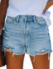 Light Blue High Waist Ruched Hem Distressed Denim Shorts