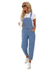 Model wearing light blue cuffed denim bib jeans overalls