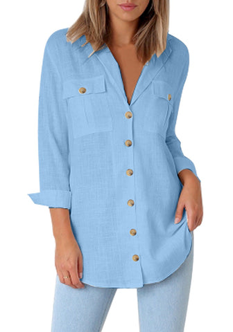 Light Blue Long Cuffed Sleeves Lapel Button-Up Blouse