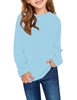 Model wearing light blue plain color crew neckline pullover girls' top
