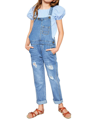 Light Blue Cuffed Hem Distressed Girls' Denim Jeans Overall