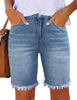 Front view of model wearing frayed hem fitted bermuda shorts - light blue