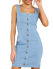 Women Sleeveless V Neck Button Down Frayed Hem Short Denim Dress