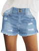 Model poses wearing light blue double button frayed hem ripped denim shorts