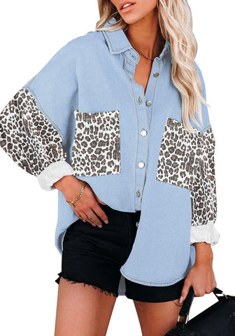 Light Blue Leopard Detail Oversized Button Down Shirt
