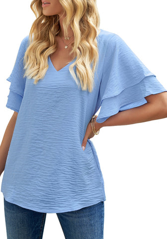 Blue Casual V-Neck Short Ruffle Sleeves Cut-Out Back Top