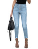 Light Blue High-Waist Button-Up Raw Hem Ripped Cropped Jeans