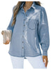 Model wearing light blue puff sleeves button-down top