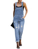 Front view of model wearing blue cuffed hem ripped bib denim overall jumpsuit