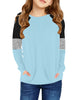 Front view of model wearing Little Girls' Blue Color Block Raglan Sleeves Stripe Pullover Top