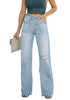 Front view of model wearing Light Blue Ripped Knee Wide-Leg Straight Jeans