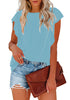 Front view of model wearing light blue short ruffle sleeves crew neck pleated loose top