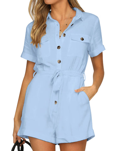 Light Blue Short Sleeves Button-Down Belted Romper