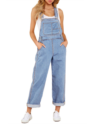 Light Blue Women's Overall Straight Leg Jumpsuits Stretch Loose Fit Baggy Bib