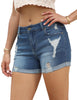 Women Mid Rise Stretch Denim Shorts Ripped Cuffed Hem Jean Shorts