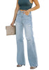 Side view of model wearing Light Blue Ripped Knee Wide-Leg Straight Jeans