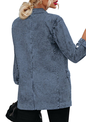 Blue Lapel Collar Flap Pockets Open-Front Denim Blazer
