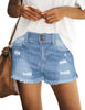 Model wearing light blue double button frayed hem ripped denim shorts