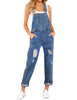 Front view of model wearing light blue cuffed hem ripped bib denim overall jumpsuit