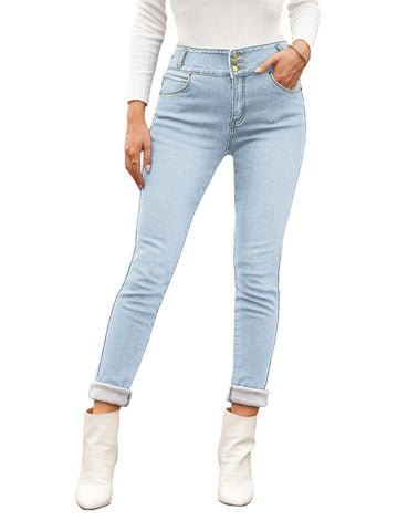 Light BlueTriple Button Fleece-Lined Skinny Denim Jeans