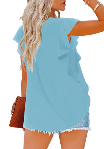 Light Blue Short Ruffle Sleeves Crew Neck Pleated Loose Top