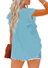 Back view of model wearing light blue short ruffle sleeves crew neck pleated loose top