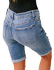 Back view of model wearing light blue women mid-waist frayed bermuda denim shorts