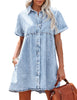 Roadknight Blue Women's Short Sleeve Button Down Flowy Tiered Babydoll Denim Dress