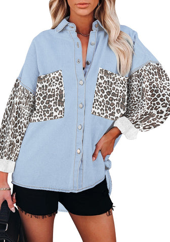 Light Blue Leopard Detail Oversized Button Down Shirt