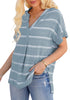 Angled shot of model wearing light blue split V-neckline batwing sleeves striped loose top